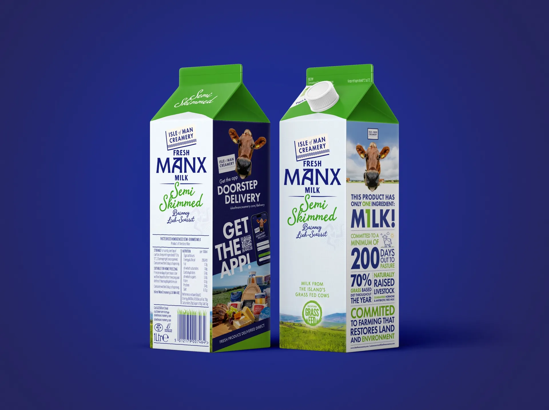 Isle of Man Creamery Fresh Manx Semi Skimmed Milk carton showing the DotPerformance-designed Doorstep Delivery app promotion on the side panel, with a QR code and "Get The App" call to action, alongside the reverse panel highlighting the Creamery's grass-fed farming credentials